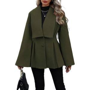 imageCHARTOU Women Wool Pea Coat Jacket Fall Winter Lapel Flared Long Sleeve Pleated Outwear Trench OvercoatArmy Green