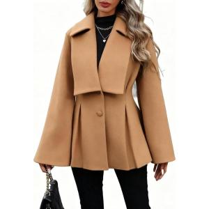 imageCHARTOU Women Wool Pea Coat Jacket Fall Winter Lapel Flared Long Sleeve Pleated Outwear Trench OvercoatCamel