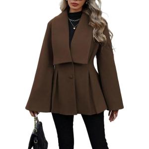 imageCHARTOU Women Wool Pea Coat Jacket Fall Winter Lapel Flared Long Sleeve Pleated Outwear Trench OvercoatDark Brown