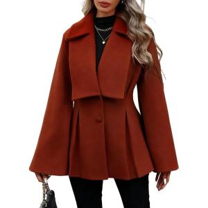 imageCHARTOU Women Wool Pea Coat Jacket Fall Winter Lapel Flared Long Sleeve Pleated Outwear Trench OvercoatRed
