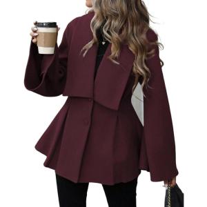 imageCHARTOU Women Wool Pea Coat Jacket Fall Winter Lapel Flared Long Sleeve Pleated Outwear Trench OvercoatWine Red