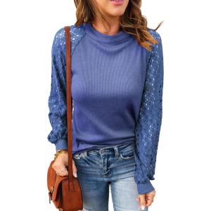 imageCHARTOU Womens Causal Round Neck Waffle Knit Raglan Sleeve Lace Patchwork Pullover TShirtBlue