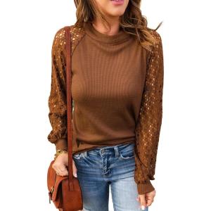 imageCHARTOU Womens Causal Round Neck Waffle Knit Raglan Sleeve Lace Patchwork Pullover TShirtBrown