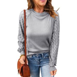 imageCHARTOU Womens Causal Round Neck Waffle Knit Raglan Sleeve Lace Patchwork Pullover TShirtGrey
