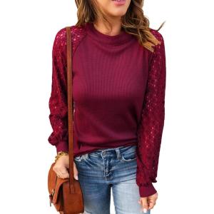 imageCHARTOU Womens Causal Round Neck Waffle Knit Raglan Sleeve Lace Patchwork Pullover TShirtWine