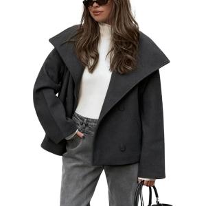 imageCHARTOU Womens Fall Thicken Tweed Jacket Double Breasted Lapel Collar Overcoat Wool Cropped Coffee PeacoatDark Grey