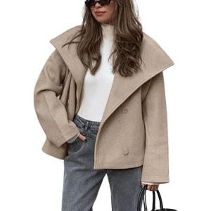 imageCHARTOU Womens Fall Thicken Tweed Jacket Double Breasted Lapel Collar Overcoat Wool Cropped Coffee PeacoatKhaki