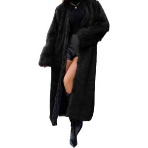 imageCHARTOU Womens Long Faux Fur Coat Open Front Cardigan V Neck Oversized Fuzzy Sherpa Fleece Jacket Warm Teddy Coats OvercoatBlack