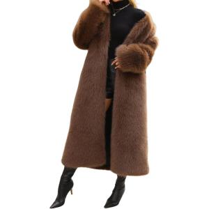imageCHARTOU Womens Long Faux Fur Coat Open Front Cardigan V Neck Oversized Fuzzy Sherpa Fleece Jacket Warm Teddy Coats OvercoatCoffee