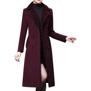 imageCHARTOU Womens Slim Fur Collar Double Breasted Long Wool Blend Coat Pea CoatBurgundy