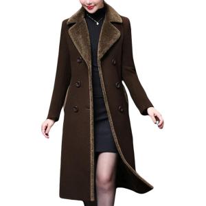 imageCHARTOU Womens Slim Fur Collar Double Breasted Long Wool Blend Coat Pea CoatCoffee