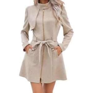imageCHARTOU Womens Stand Collar Dress Coat Winter Zip Up Belted Cinched A Line Light Wool Trench PeacoatApricot
