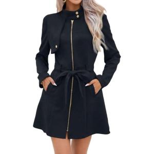 imageCHARTOU Womens Stand Collar Dress Coat Winter Zip Up Belted Cinched A Line Light Wool Trench PeacoatBlack