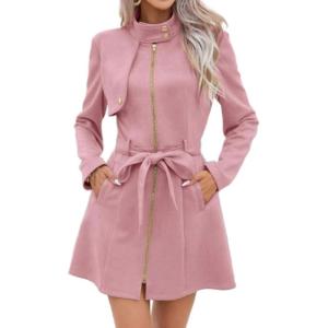 imageCHARTOU Womens Stand Collar Dress Coat Winter Zip Up Belted Cinched A Line Light Wool Trench PeacoatPink