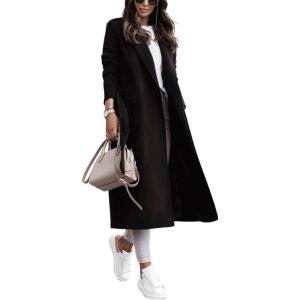 imageCHARTOU Womens Wool Blend Wrap Coat Classic Tailored Collar Woolen Overcoat with BeltBlack