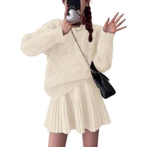 imageCHARTOU Women Sweater Skirt 2 Pieces Outfits Oversized Pullover Sweater and Pleated Mini SkirtApricot