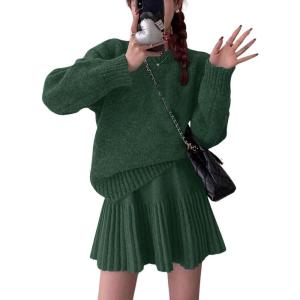 imageCHARTOU Women Sweater Skirt 2 Pieces Outfits Oversized Pullover Sweater and Pleated Mini SkirtGreen