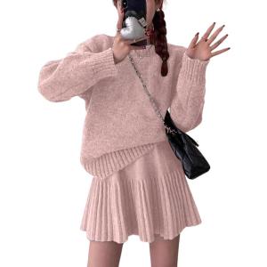 imageCHARTOU Women Sweater Skirt 2 Pieces Outfits Oversized Pullover Sweater and Pleated Mini SkirtPink