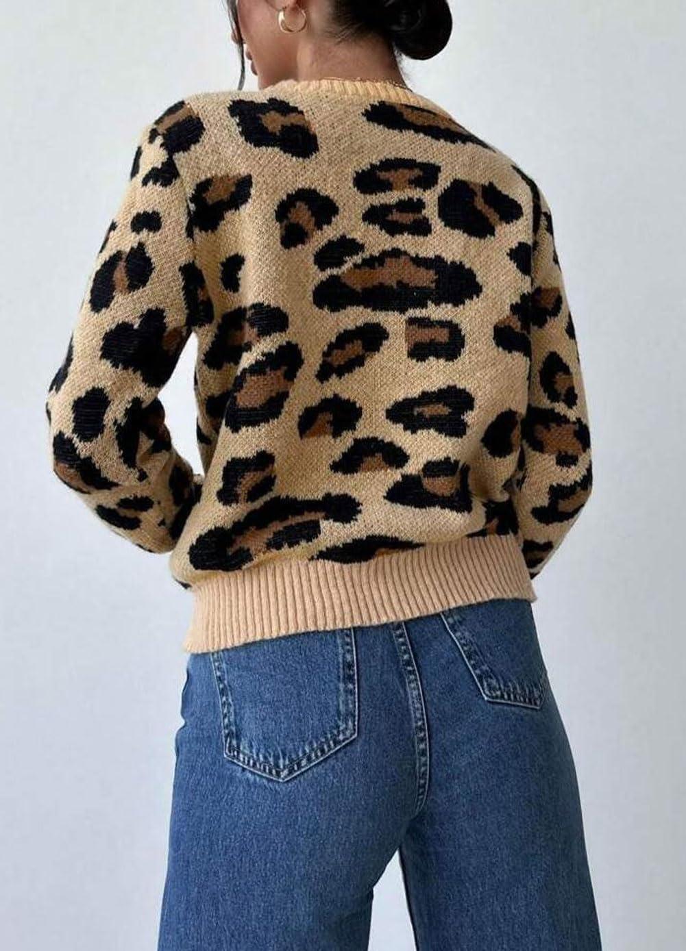 imageCHARTOU Leopard Sweaters for Women Casual Crew Neck Cheetah Pullover Sweater TopsKhaki