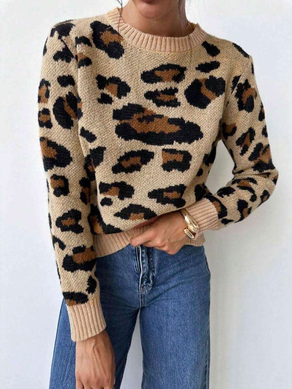 imageCHARTOU Leopard Sweaters for Women Casual Crew Neck Cheetah Pullover Sweater TopsKhaki