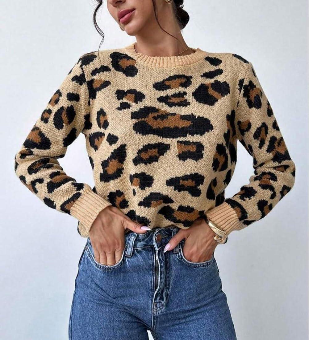 imageCHARTOU Leopard Sweaters for Women Casual Crew Neck Cheetah Pullover Sweater TopsKhaki