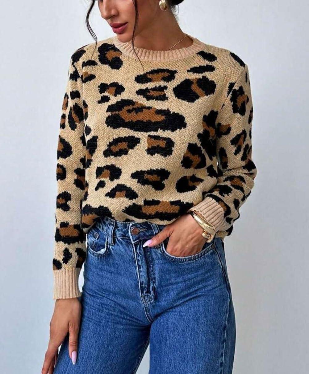 imageCHARTOU Leopard Sweaters for Women Casual Crew Neck Cheetah Pullover Sweater TopsKhaki
