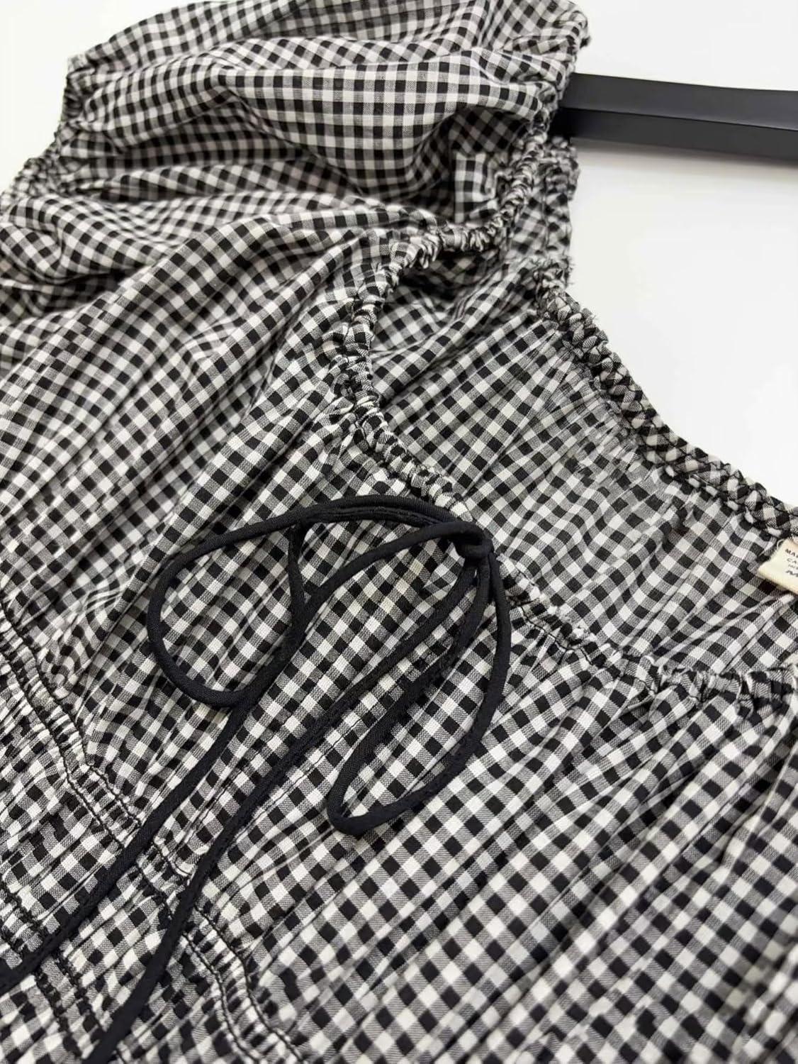 imageCHARTOU Women 2025 Summer Boho Plaid Long Dress Puff Short Sleeve Smocked Flowy Maxi DressBlack