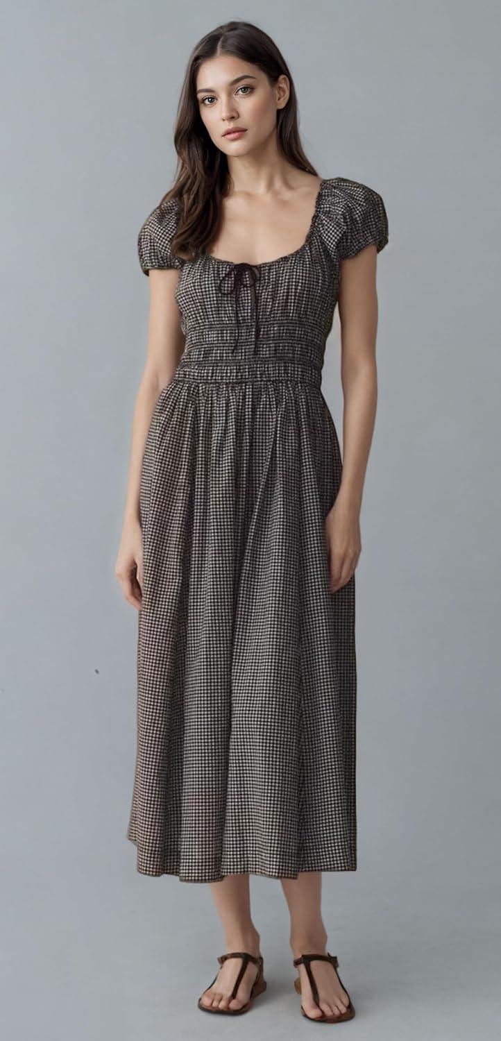 imageCHARTOU Women 2025 Summer Boho Plaid Long Dress Puff Short Sleeve Smocked Flowy Maxi DressBlack