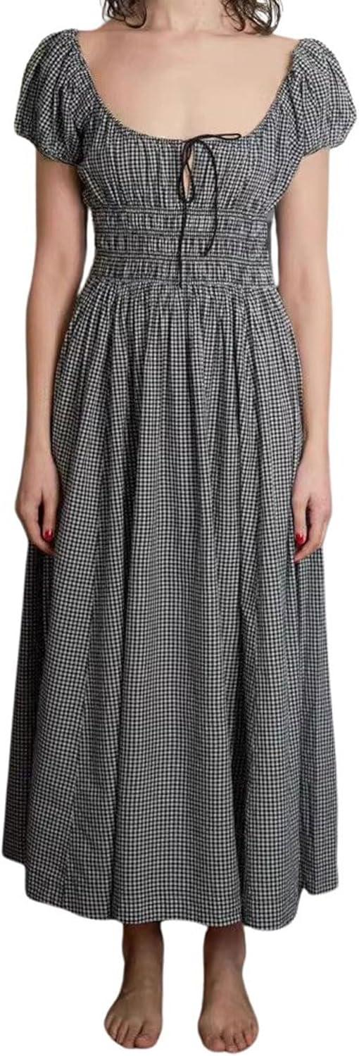 imageCHARTOU Women 2025 Summer Boho Plaid Long Dress Puff Short Sleeve Smocked Flowy Maxi DressBlack