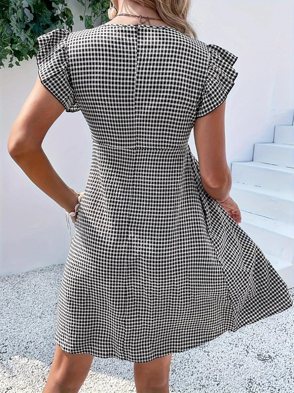 imageCHARTOU Women Babydoll Mini Dress Ruffle Cap Sleeve Flowy Plaid Short Dress with PocketsBlack