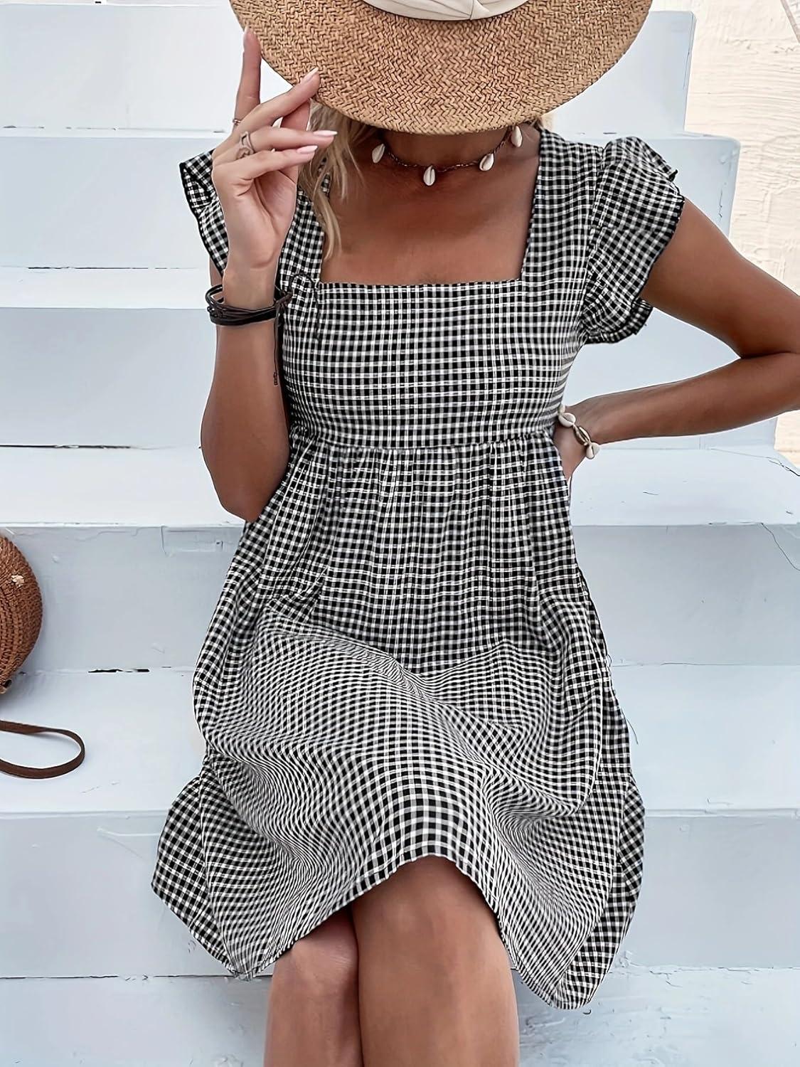 imageCHARTOU Women Babydoll Mini Dress Ruffle Cap Sleeve Flowy Plaid Short Dress with PocketsBlack