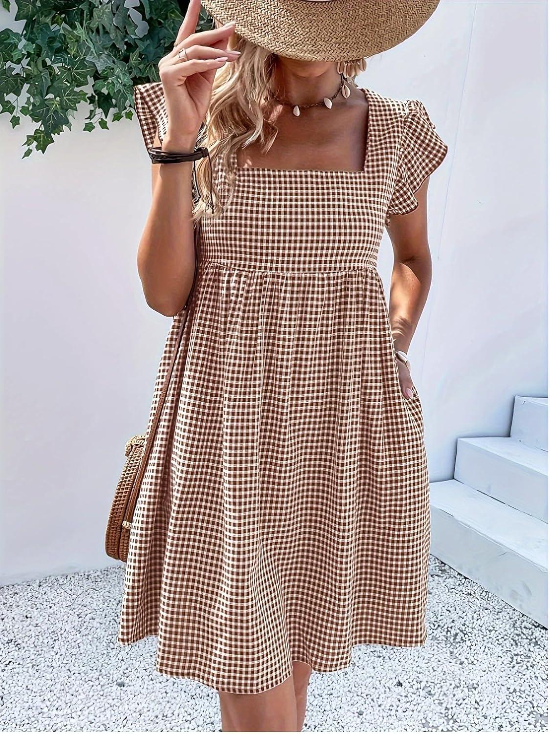 imageCHARTOU Women Babydoll Mini Dress Ruffle Cap Sleeve Flowy Plaid Short Dress with PocketsCoffee