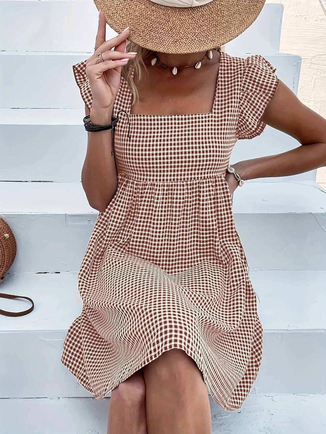 imageCHARTOU Women Babydoll Mini Dress Ruffle Cap Sleeve Flowy Plaid Short Dress with PocketsCoffee