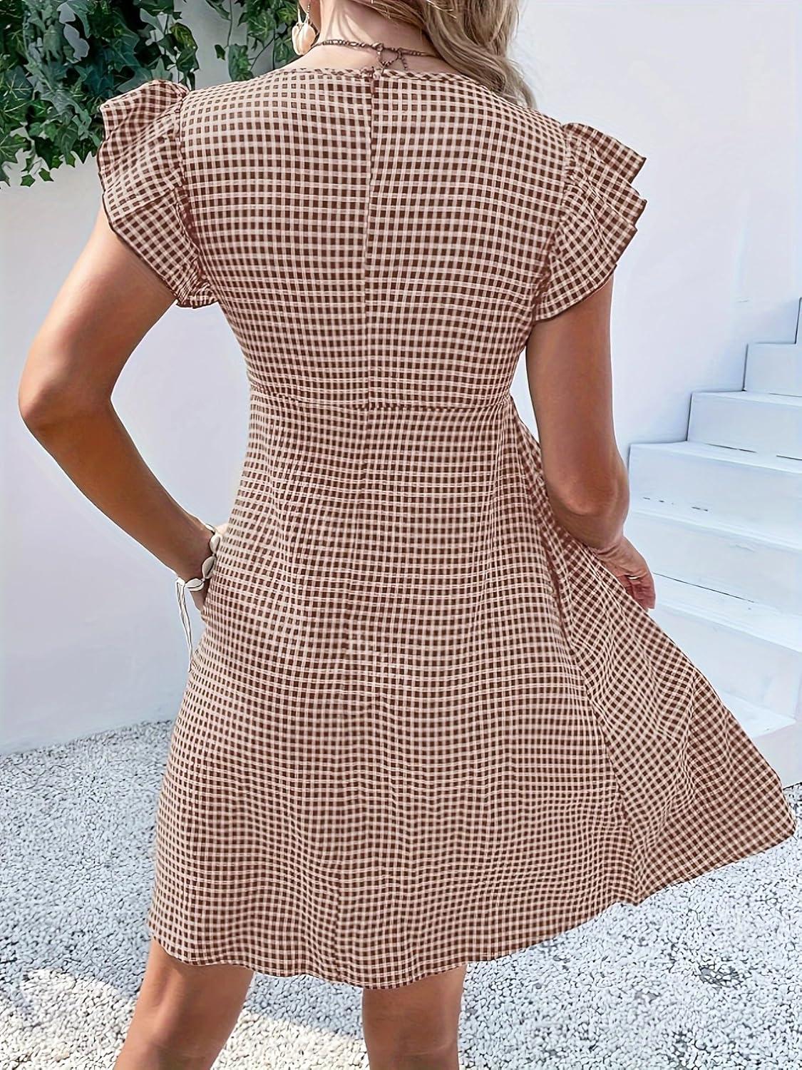 imageCHARTOU Women Babydoll Mini Dress Ruffle Cap Sleeve Flowy Plaid Short Dress with PocketsCoffee