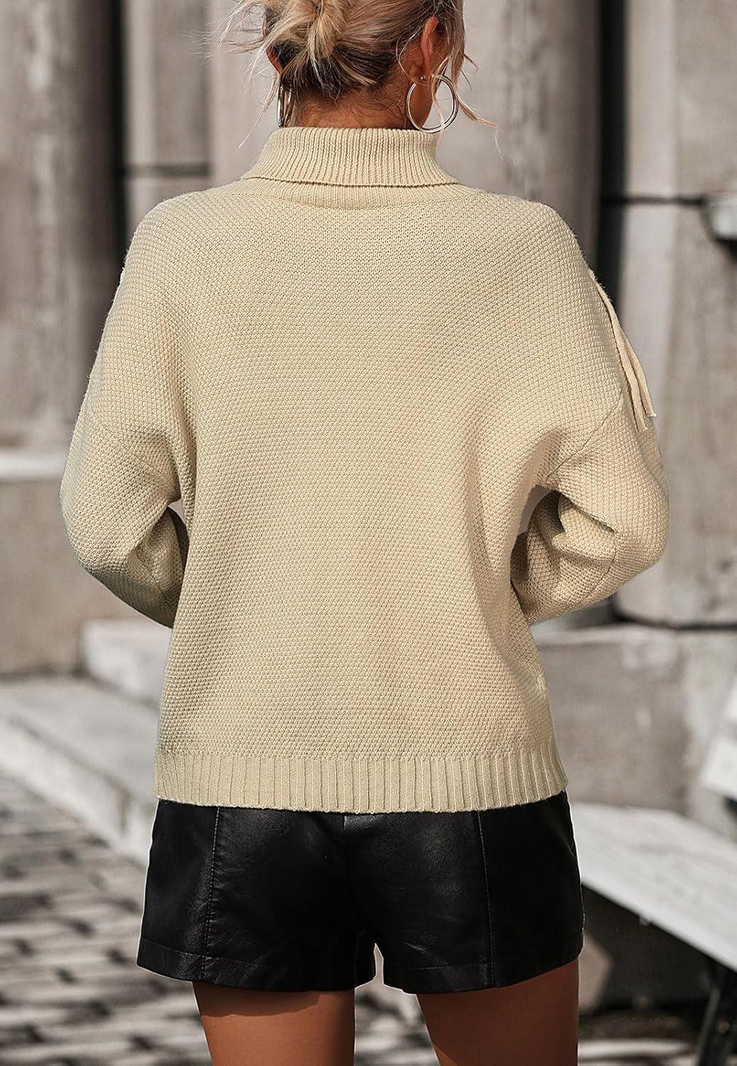 imageCHARTOU Women Boho Tassel Cable Knit Sweater Turtleneck Fringe Western Knitted Sweater Pullover Jumper TopApricot