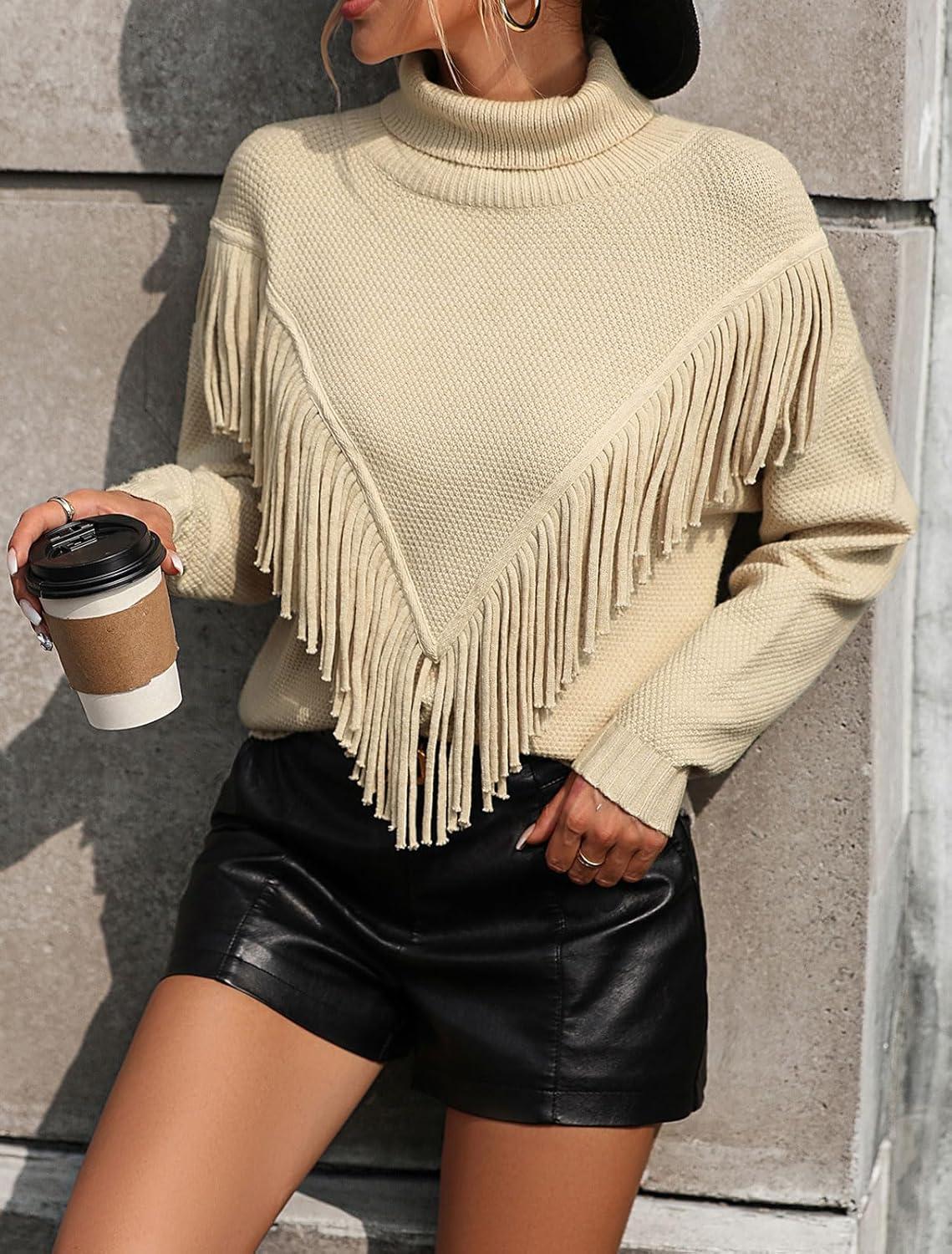 imageCHARTOU Women Boho Tassel Cable Knit Sweater Turtleneck Fringe Western Knitted Sweater Pullover Jumper TopApricot