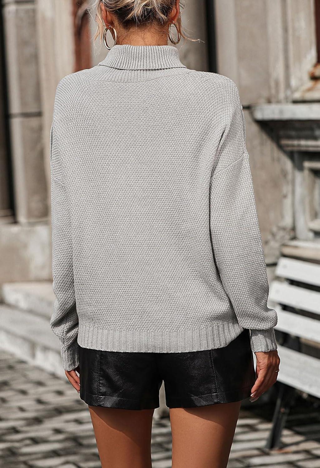 imageCHARTOU Women Boho Tassel Cable Knit Sweater Turtleneck Fringe Western Knitted Sweater Pullover Jumper TopGrey