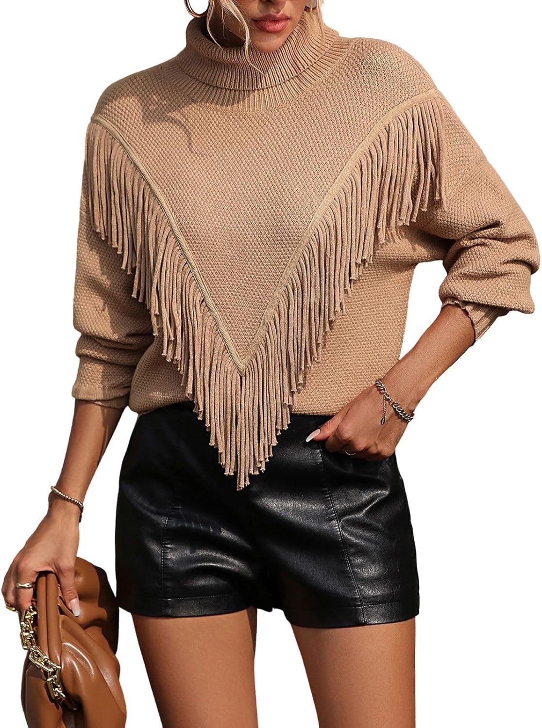 imageCHARTOU Women Boho Tassel Cable Knit Sweater Turtleneck Fringe Western Knitted Sweater Pullover Jumper TopKhaki