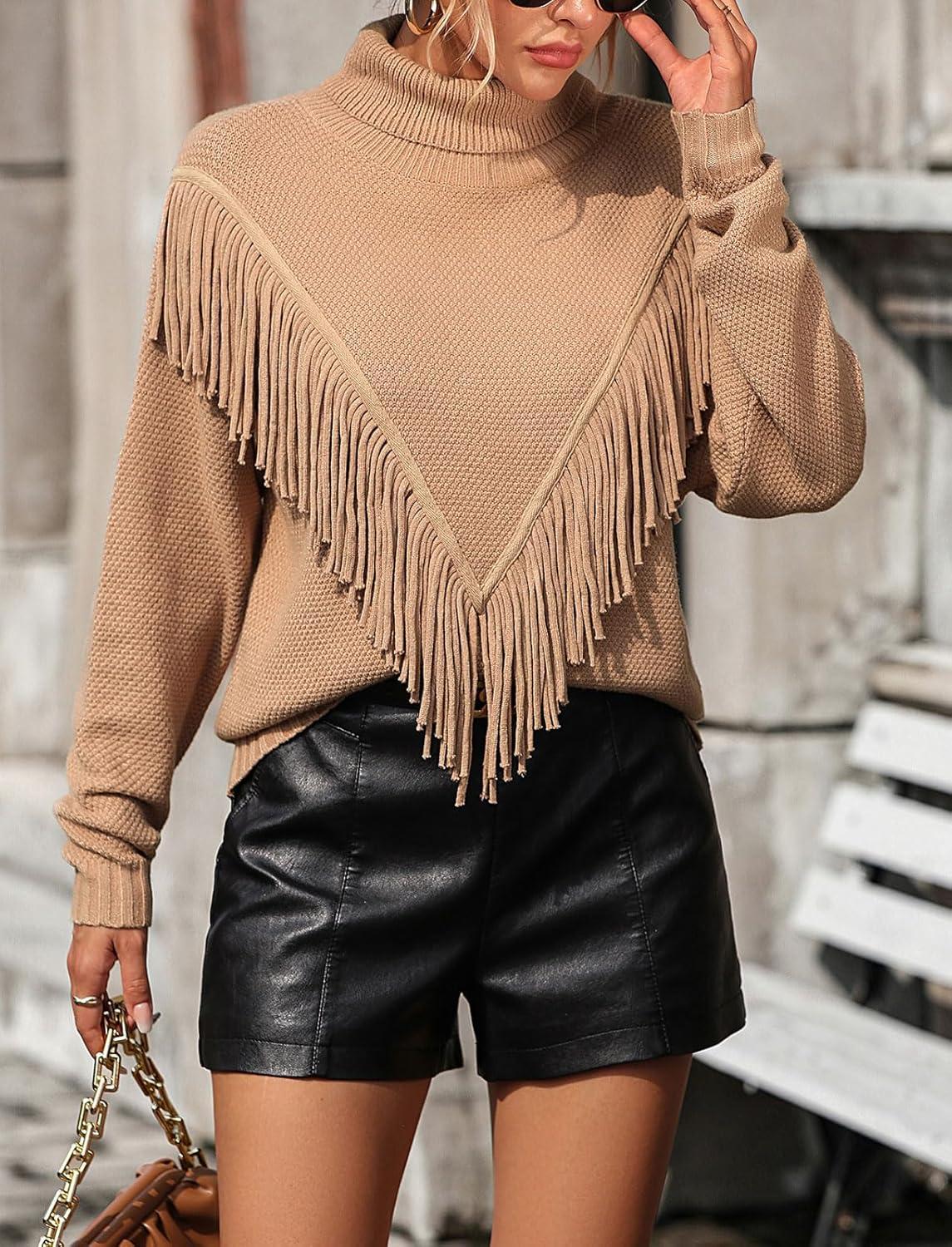 imageCHARTOU Women Boho Tassel Cable Knit Sweater Turtleneck Fringe Western Knitted Sweater Pullover Jumper TopKhaki