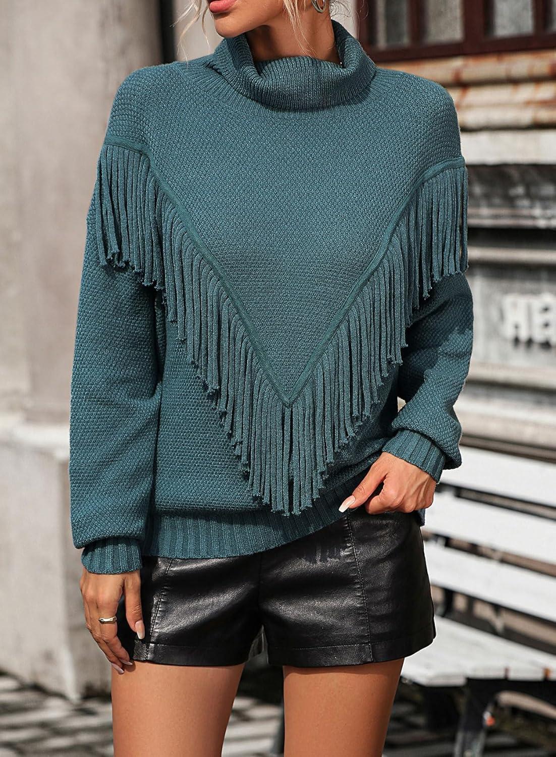 imageCHARTOU Women Boho Tassel Cable Knit Sweater Turtleneck Fringe Western Knitted Sweater Pullover Jumper TopLake Blue