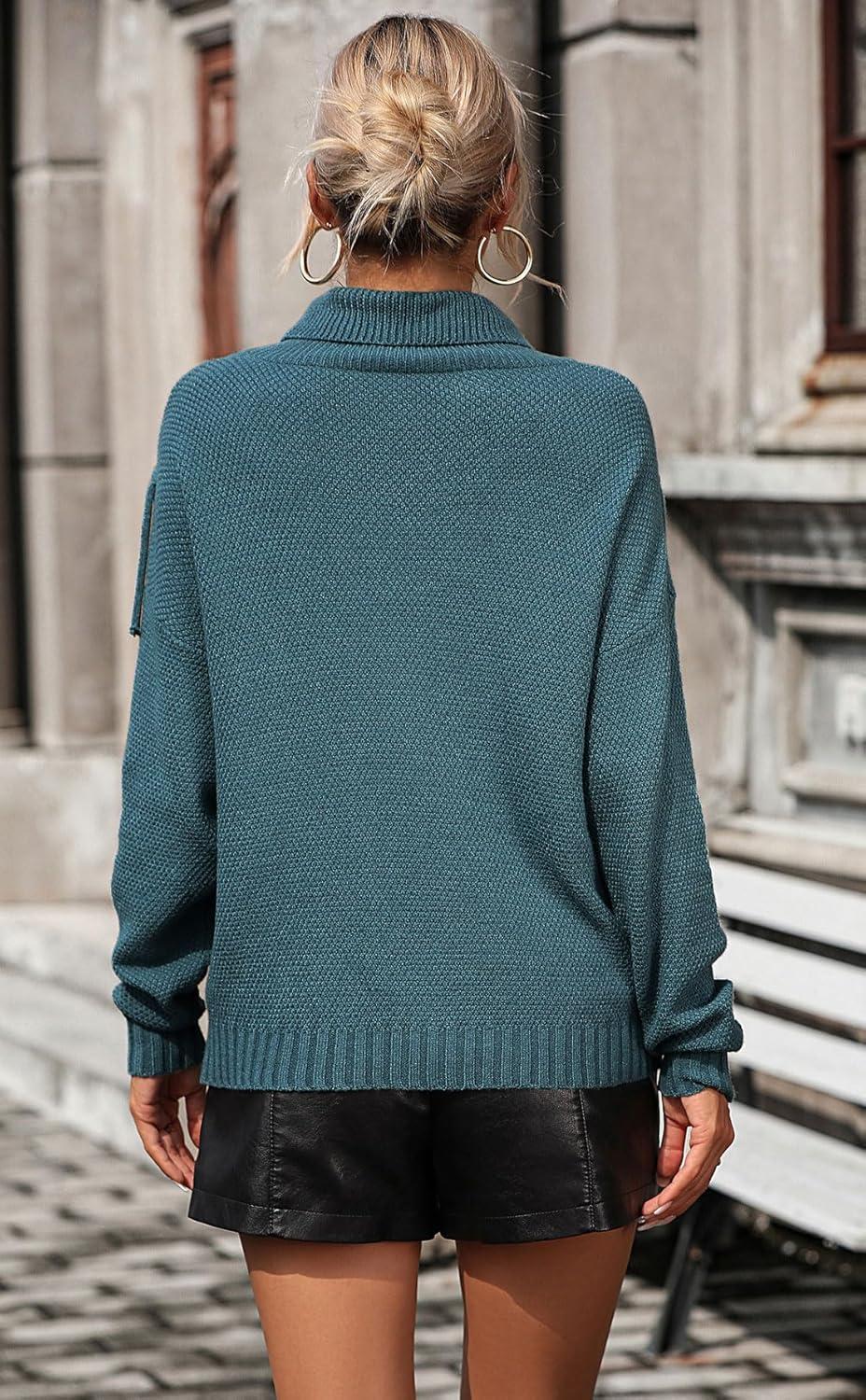 imageCHARTOU Women Boho Tassel Cable Knit Sweater Turtleneck Fringe Western Knitted Sweater Pullover Jumper TopLake Blue