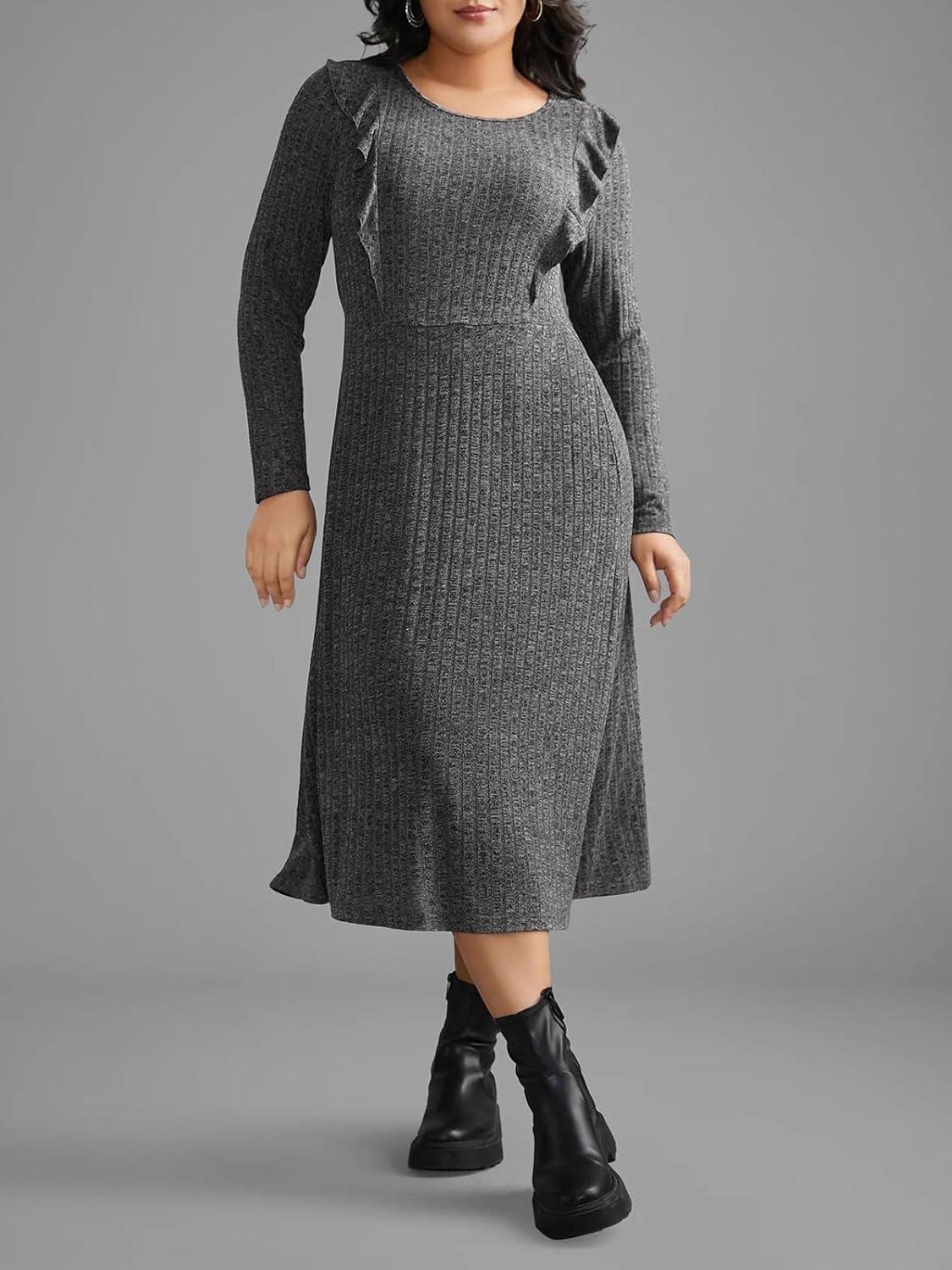 imageCHARTOU Women Fall Dress Long Sleeve Flowy Ruffle Trim Rib Knit Sweater Dress with PocketsGrey