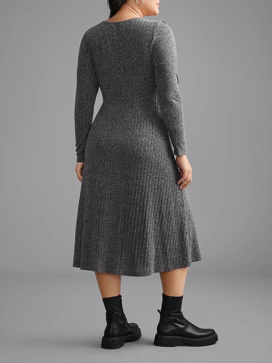 imageCHARTOU Women Fall Dress Long Sleeve Flowy Ruffle Trim Rib Knit Sweater Dress with PocketsGrey