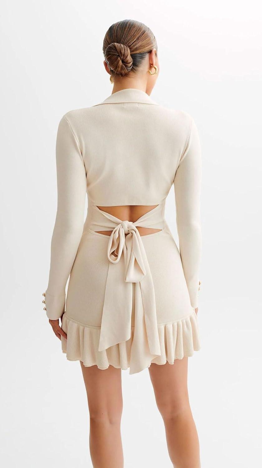 imageCHARTOU Women Fall Long Sleeve v Neck Sweater Dress Lapel Collar Back Cutout Ribbed Knit Mini DressBeige