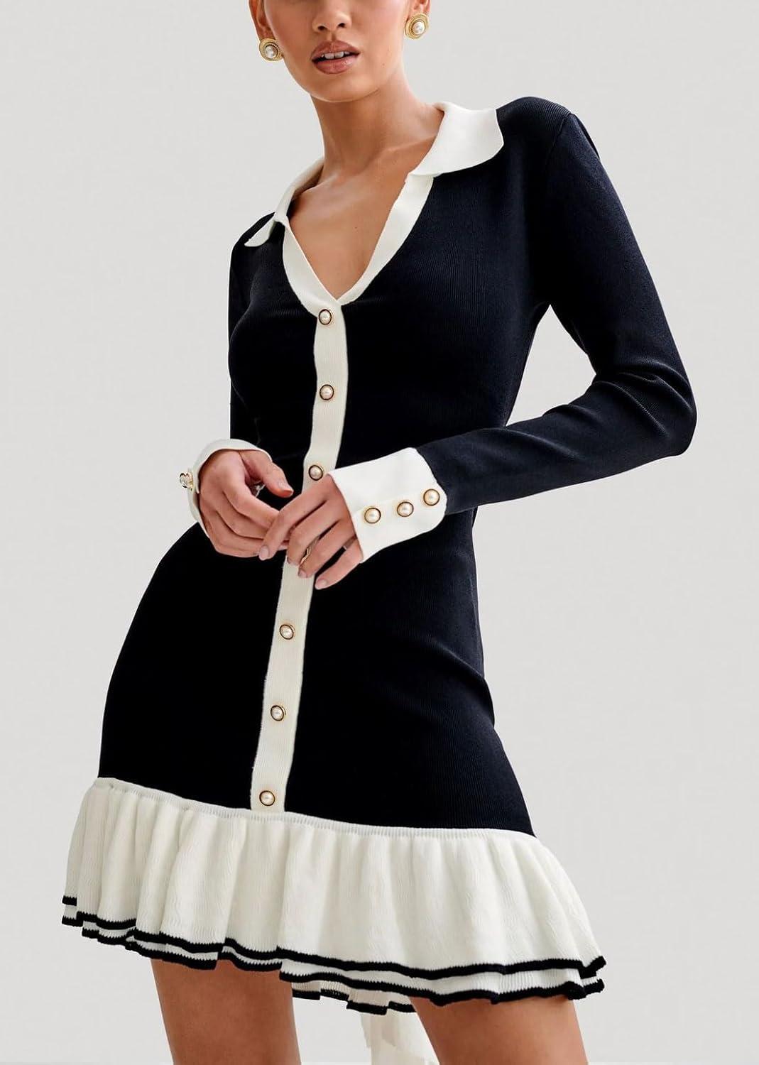 imageCHARTOU Women Fall Long Sleeve v Neck Sweater Dress Lapel Collar Back Cutout Ribbed Knit Mini DressBlack