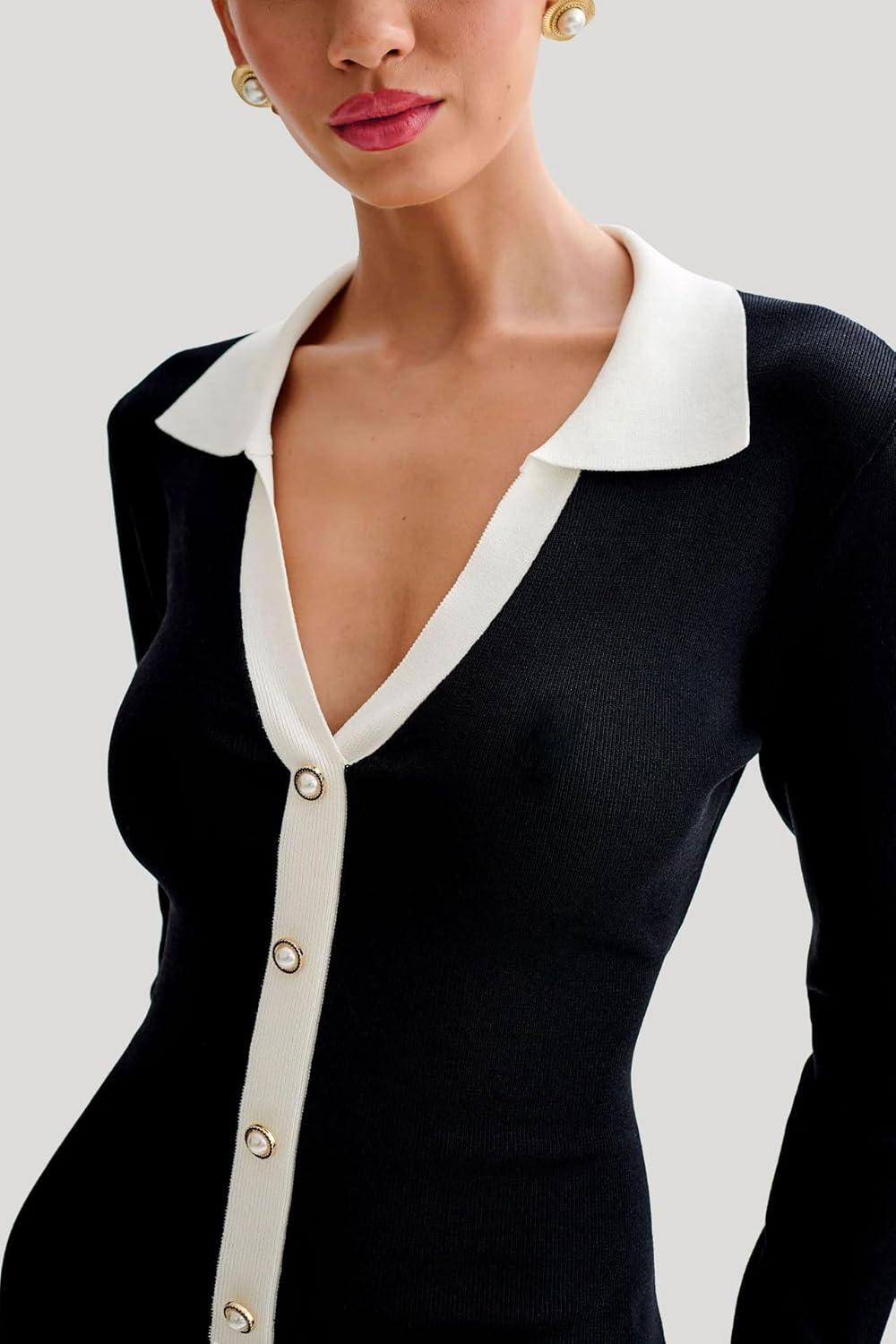 imageCHARTOU Women Fall Long Sleeve v Neck Sweater Dress Lapel Collar Back Cutout Ribbed Knit Mini DressBlack