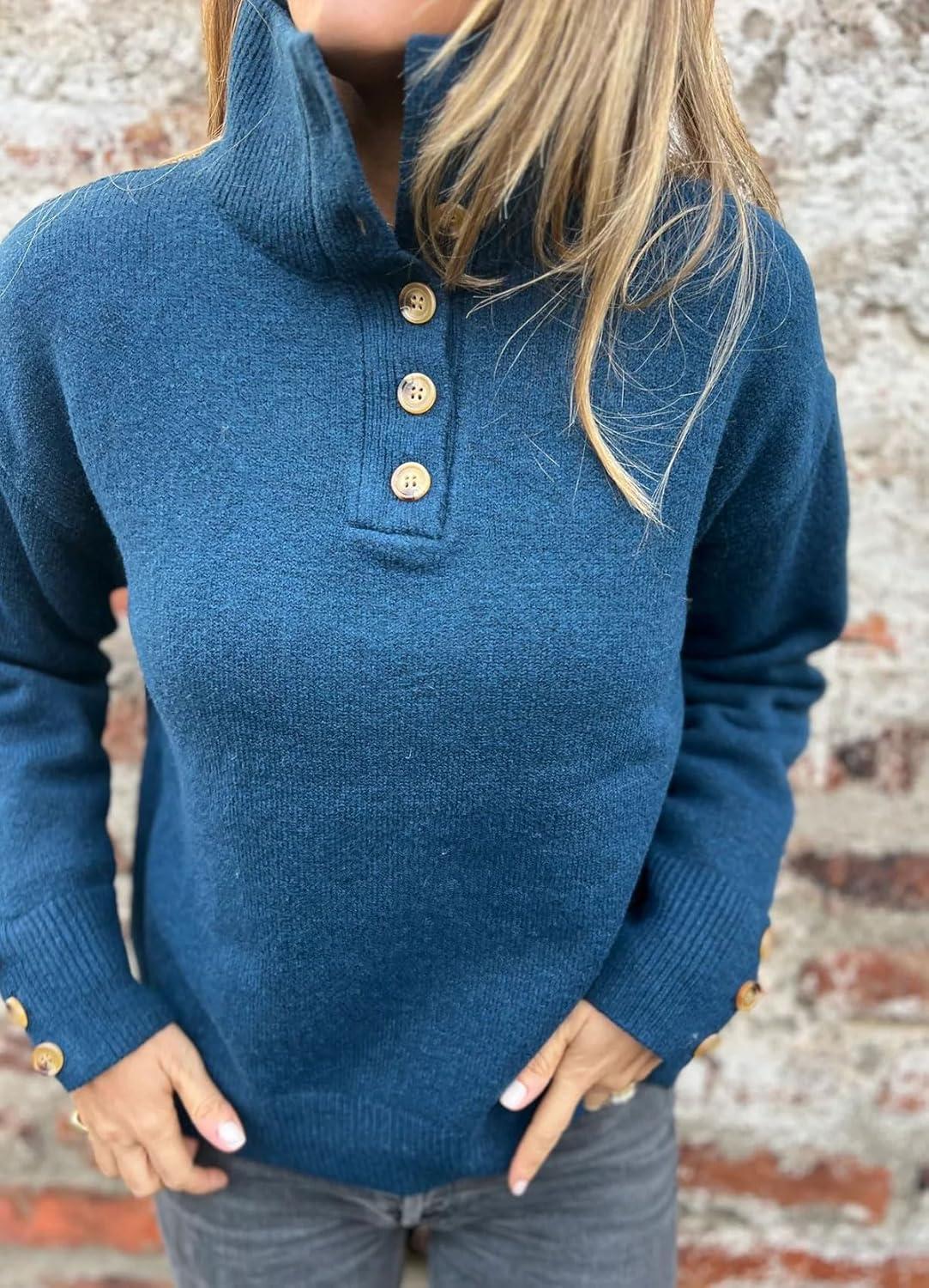 imageCHARTOU Women Fall Polo Collared Sweater Quarter Button Loose Golf Pullover Sweater Jumper TopsBlue