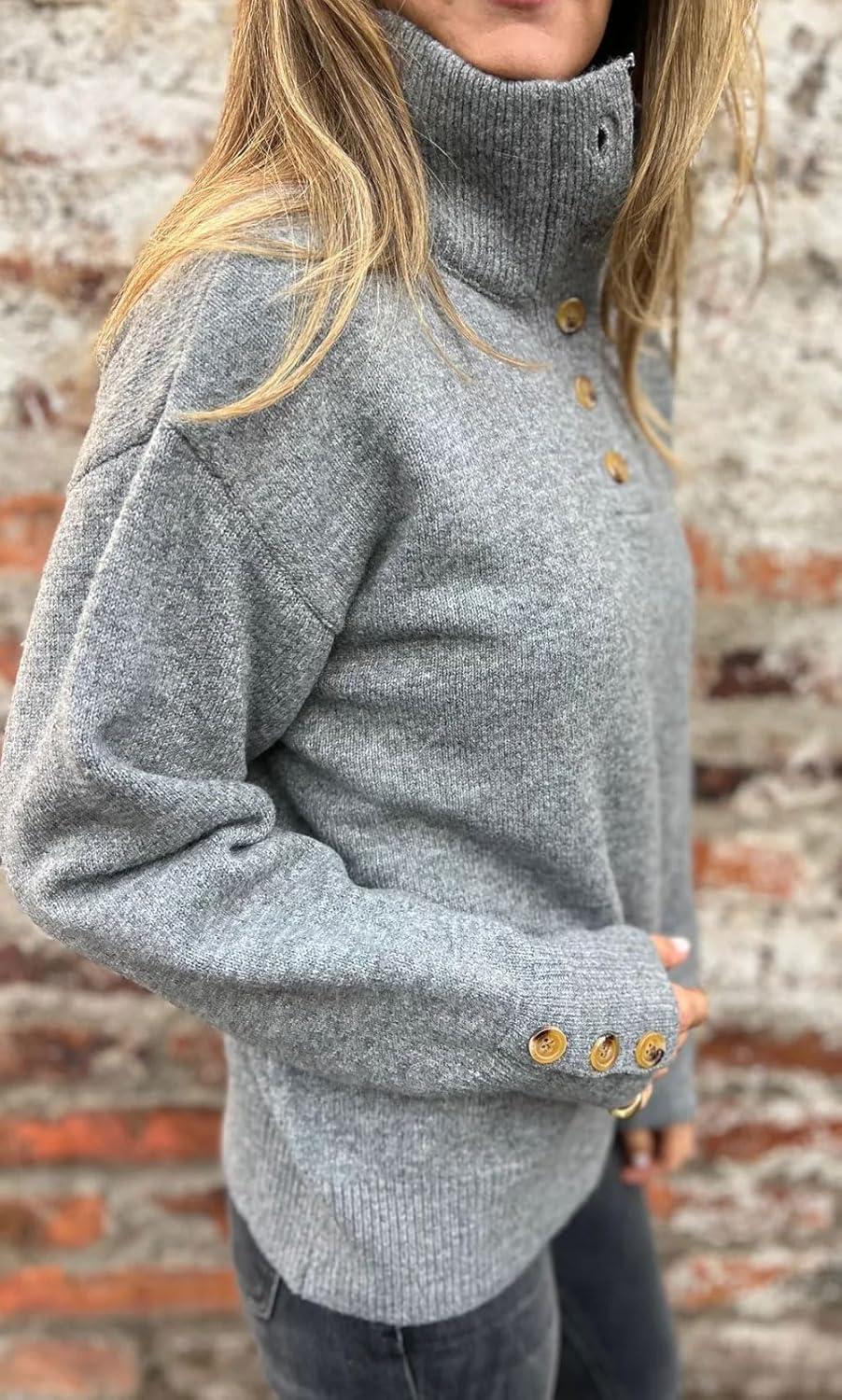 imageCHARTOU Women Fall Polo Collared Sweater Quarter Button Loose Golf Pullover Sweater Jumper TopsGrey