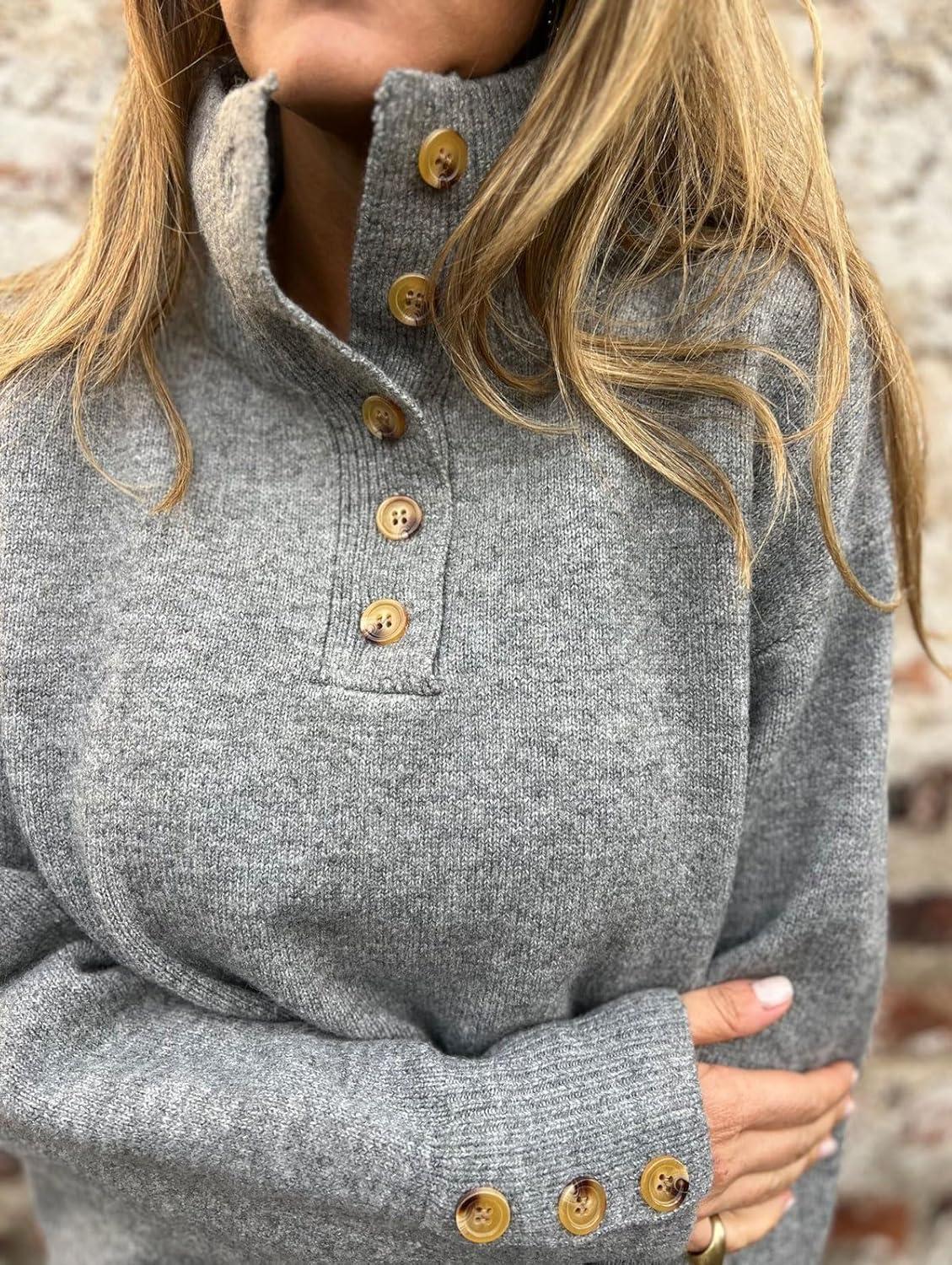 imageCHARTOU Women Fall Polo Collared Sweater Quarter Button Loose Golf Pullover Sweater Jumper TopsGrey