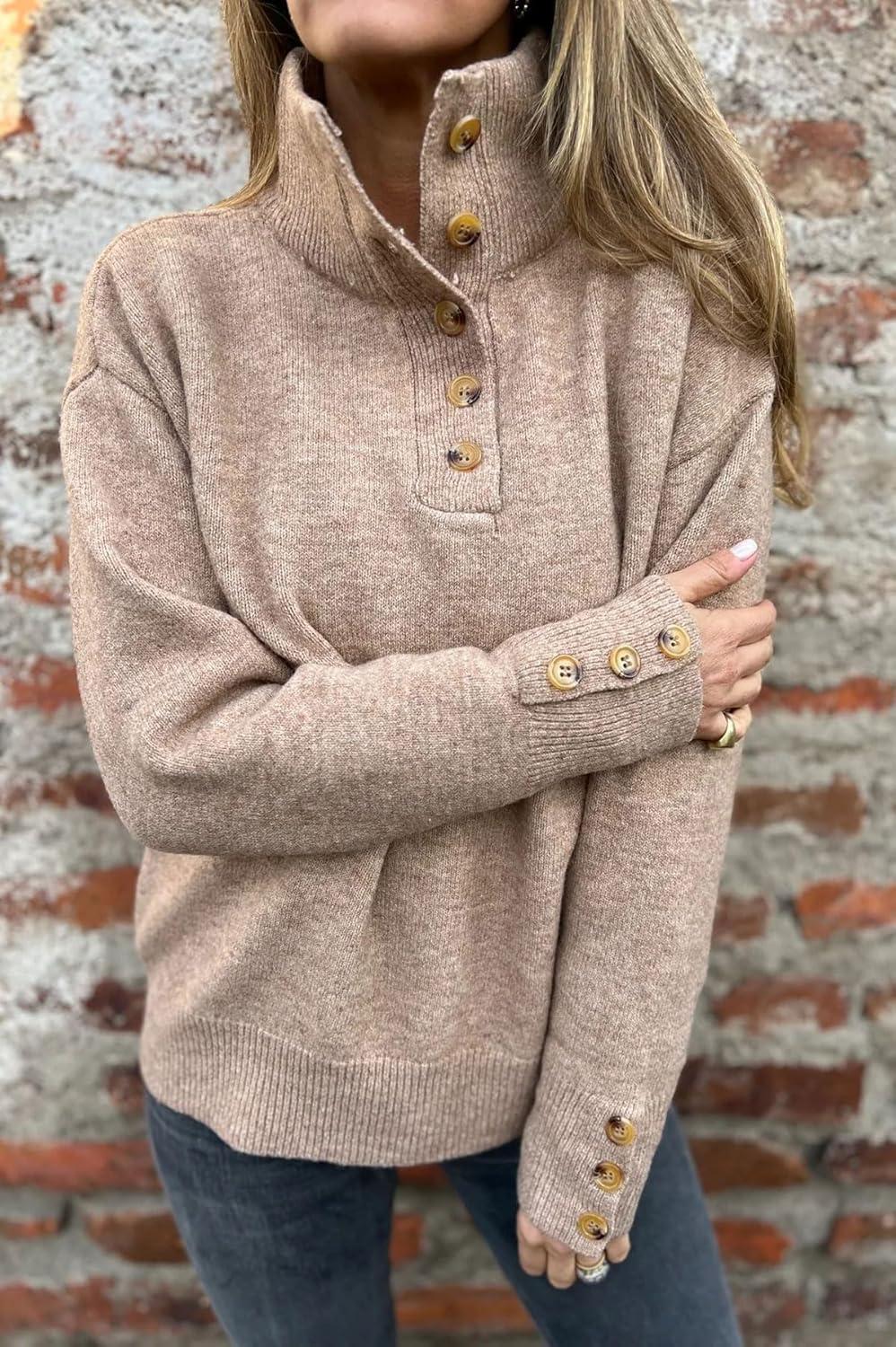 imageCHARTOU Women Fall Polo Collared Sweater Quarter Button Loose Golf Pullover Sweater Jumper TopsKhaki